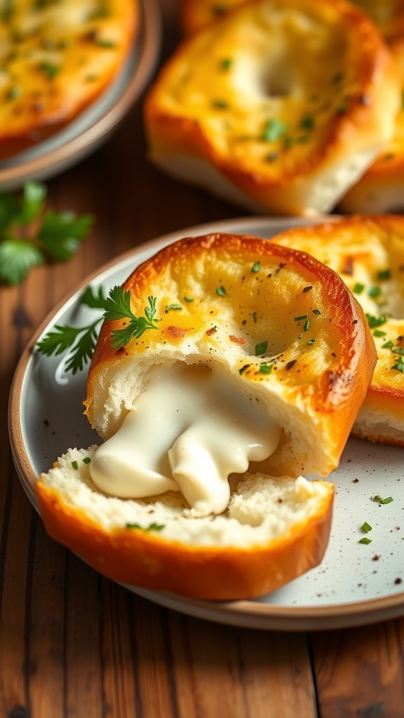 Golden-brown Japanese cream cheese garlic bread with creamy filling, garnished with parsley on a rustic table.